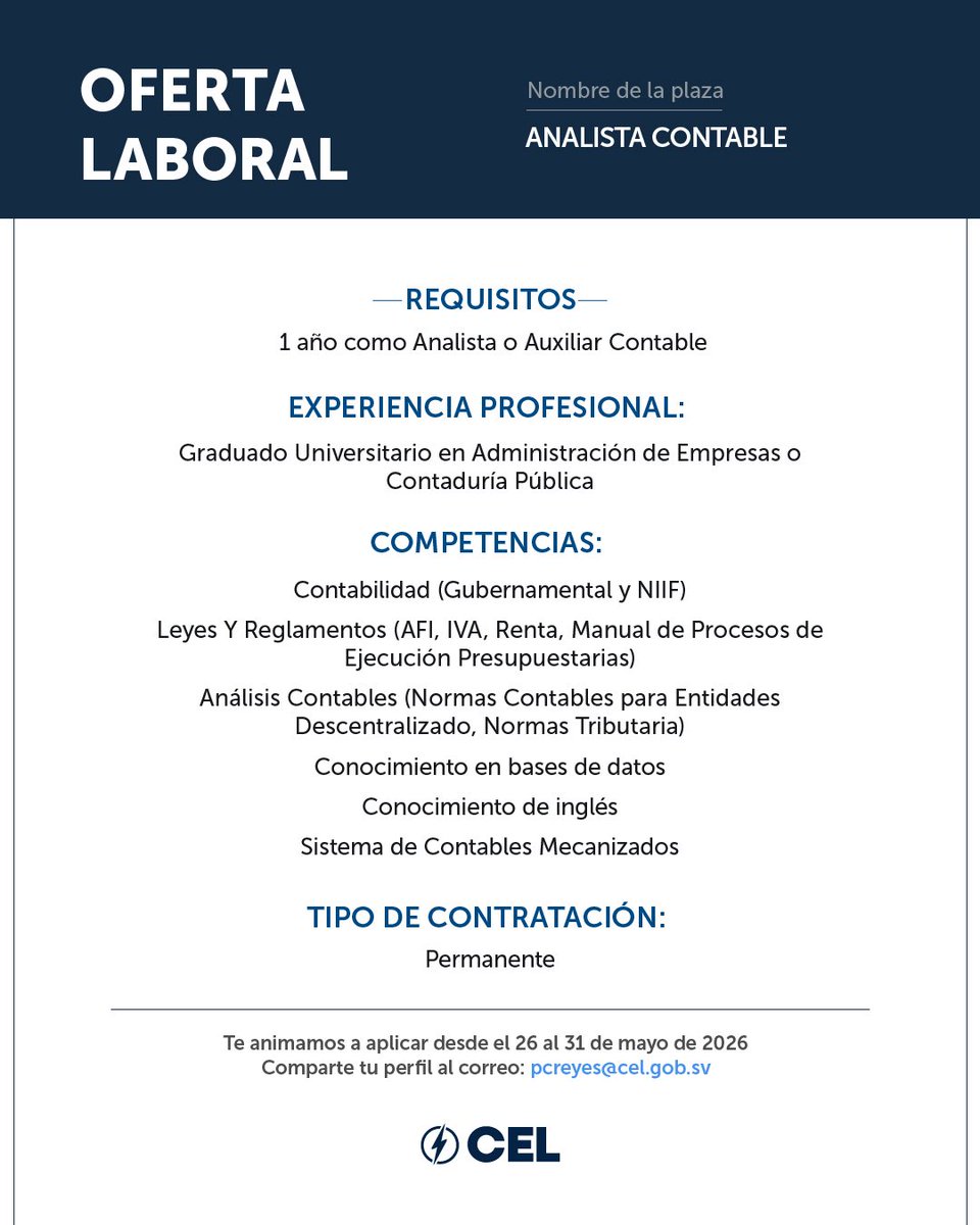 CEL_ElSalvador's tweet photo. ¡Oportunidades laborales disponibles! 🔍

Buscamos talento humano para unirse a nuestro equipo. Si cumples con los requisitos, aplica enviando tu hoja de vida del 26 al 31 de mayo de 2026. 📆 https://t.co/HgoCjyvt6C