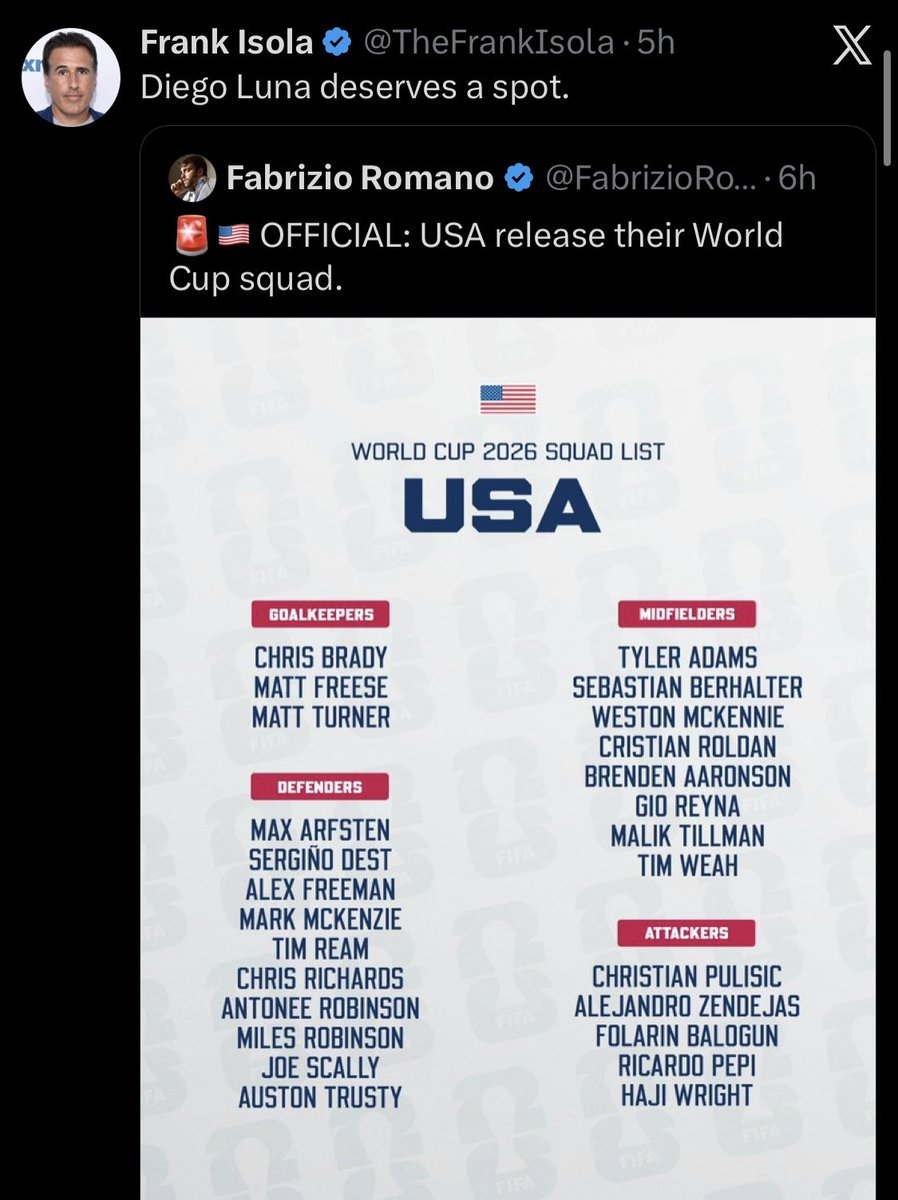 WedgeGame's tweet photo. Diego Luna is the latest object of delusion peddled by usual media suspects.

Myth: USMNT needs Luna’s creativity, toughness, and chance conversion.

Reality: MLS career per 90s slightly beneath those of Djordje Mihailovic and Jesus Ferreira.

Are Djordje and Jesus snubs too? https://t.co/2dJq34ADBH