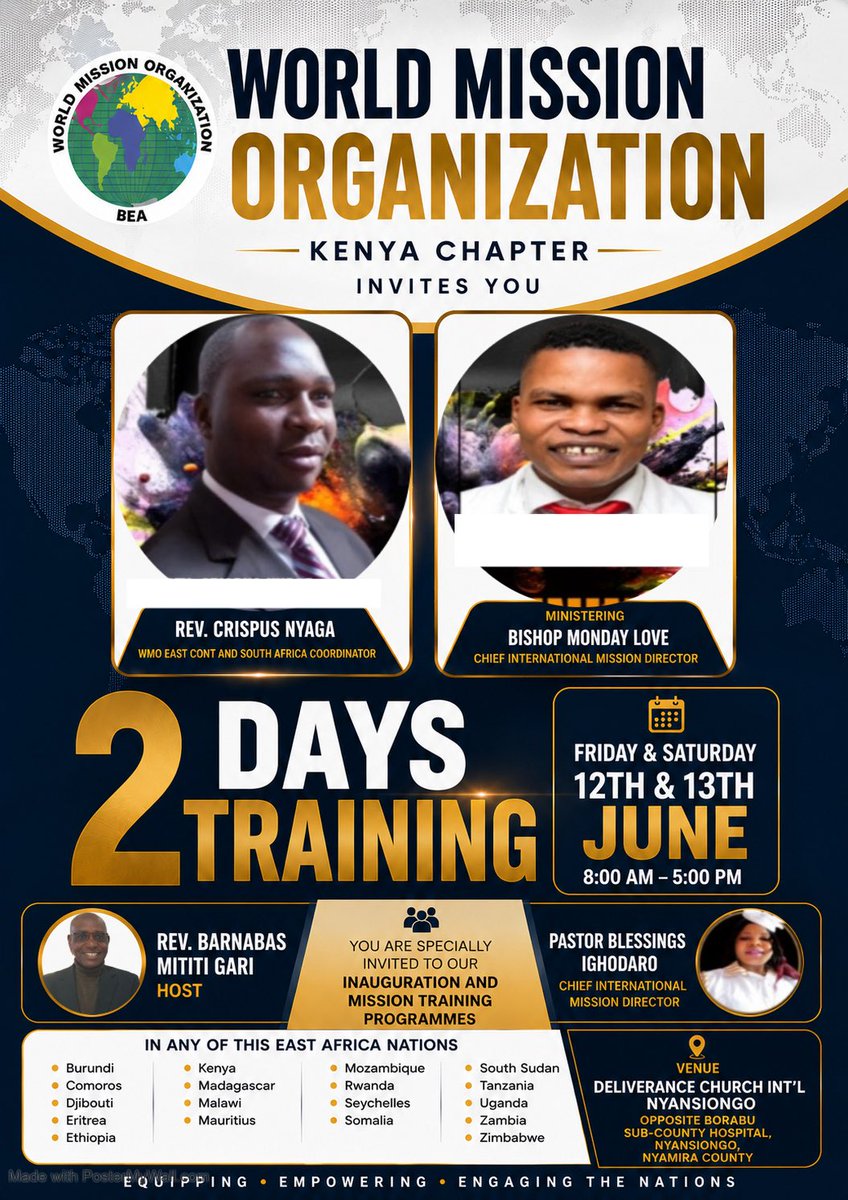 DCINyansiongo's tweet photo. π₯ π₯ WORLD MISSION ORGANIZATION β Kenya Chapter invites you to a powerful 2 DAYS TRAINING & MISSION PROGRAMME πππΎ
π
12th & 13th June
β° 8AMβ5PM
π Deliverance Church Intβl Nyansiongo, Opposite Borabu Sub-County Hospital, Nyamira County
#WMO #Revival #MissionTraining https://t.co/qnNZYLCF2Y