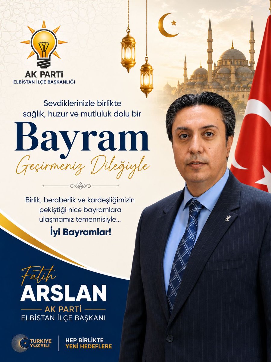 AKPartiElbistan's tweet photo. Birlik ve beraberliğin, kardeşlik ve dayanışmanın en güzel şekilde hissedildiği mübarek bayram günlerine bir kez daha ulaşmanın huzurunu yaşıyoruz.

Bayramın; ülkemize, milletimize ve tüm İslam âlemine sağlık, huzur, bereket ve mutluluk getirmesini temenni ediyor; aziz hemşehrilerimizin Kurban Bayramı’nı en kalbi duygularımla tebrik ediyorum.

Nice bayramlarda gönüllerimizin bir olduğu, sevgi ve muhabbetin daim olduğu günlerde buluşmak dileğiyle…

Fatih ARSLAN
AK Parti Elbistan İlçe Başkanı
