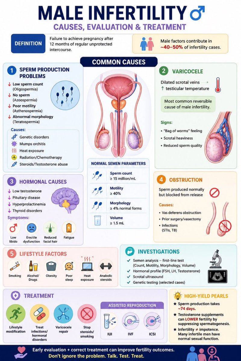 AgriTechFli's tweet photo. Male infertility is more common than most people think — and many causes are treatable. 🧬
From varicocele and hormonal imbalance to smoking, obesity, and steroid abuse, early evaluation can make a huge difference.

🩺 Talk. Test. Treat. https://t.co/gCPmdsYd8r