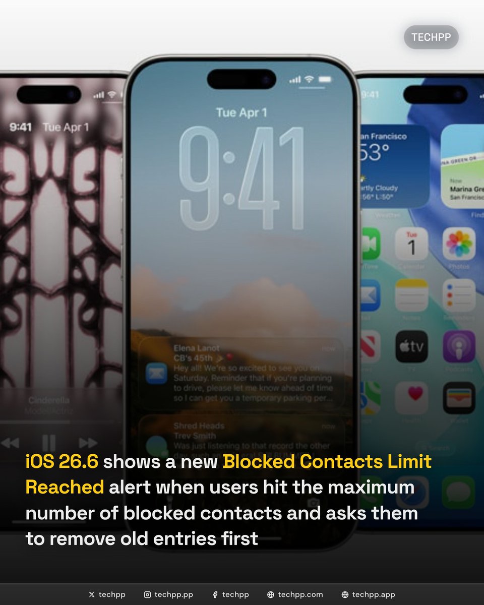 techpp's tweet photo. iOS 26.6 shows a new Blocked Contacts Limit Reached alert when users hit the maximum number of blocked contacts and asks them to remove old entries first

#iOS #Blocked #Contacts #Limit #Apple #iOS266 #iPhone #BlockedContacts #TechNews https://t.co/dQDuKnrwEA