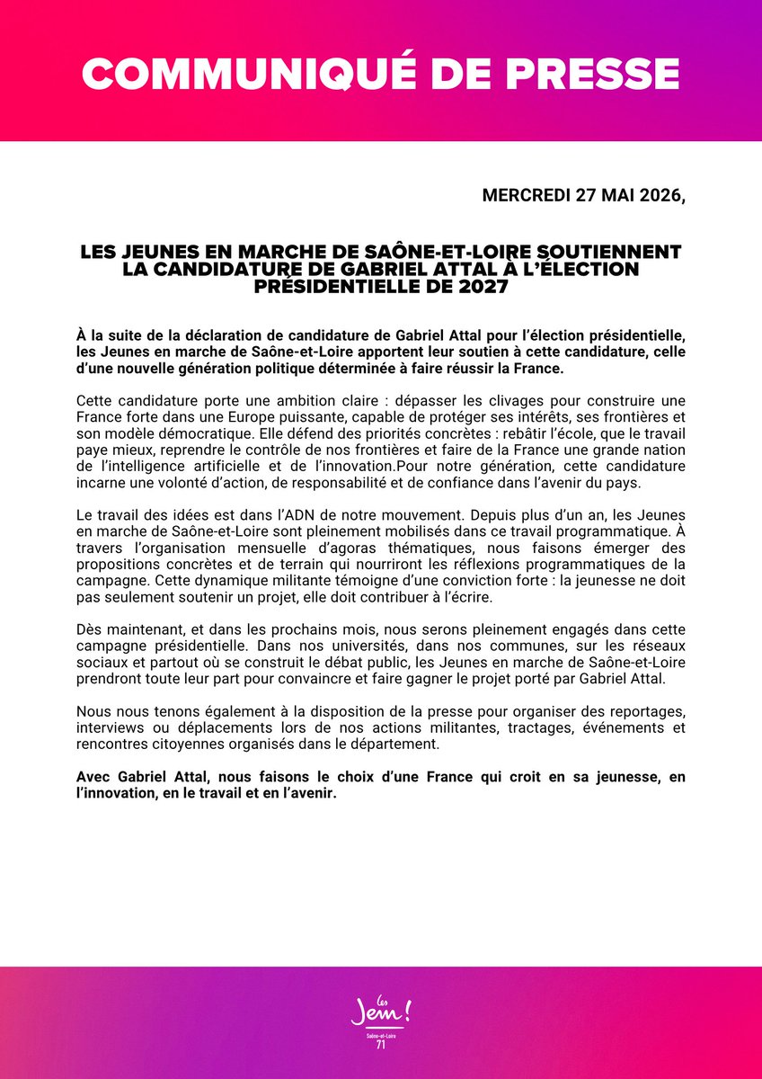 lesjem71's tweet photo. Nous soutenons la candidature de @GabrielAttal pour 2027 ! 🇫🇷
École, pouvoir d'achat, frontières, innovation : notre génération est prête à agir et à écrire le projet. Sur le terrain comme sur les réseaux, en route pour faire gagner l'avenir !
#Attal2027 #JEM71 @AttalPresident_ https://t.co/3XHEe96pPN