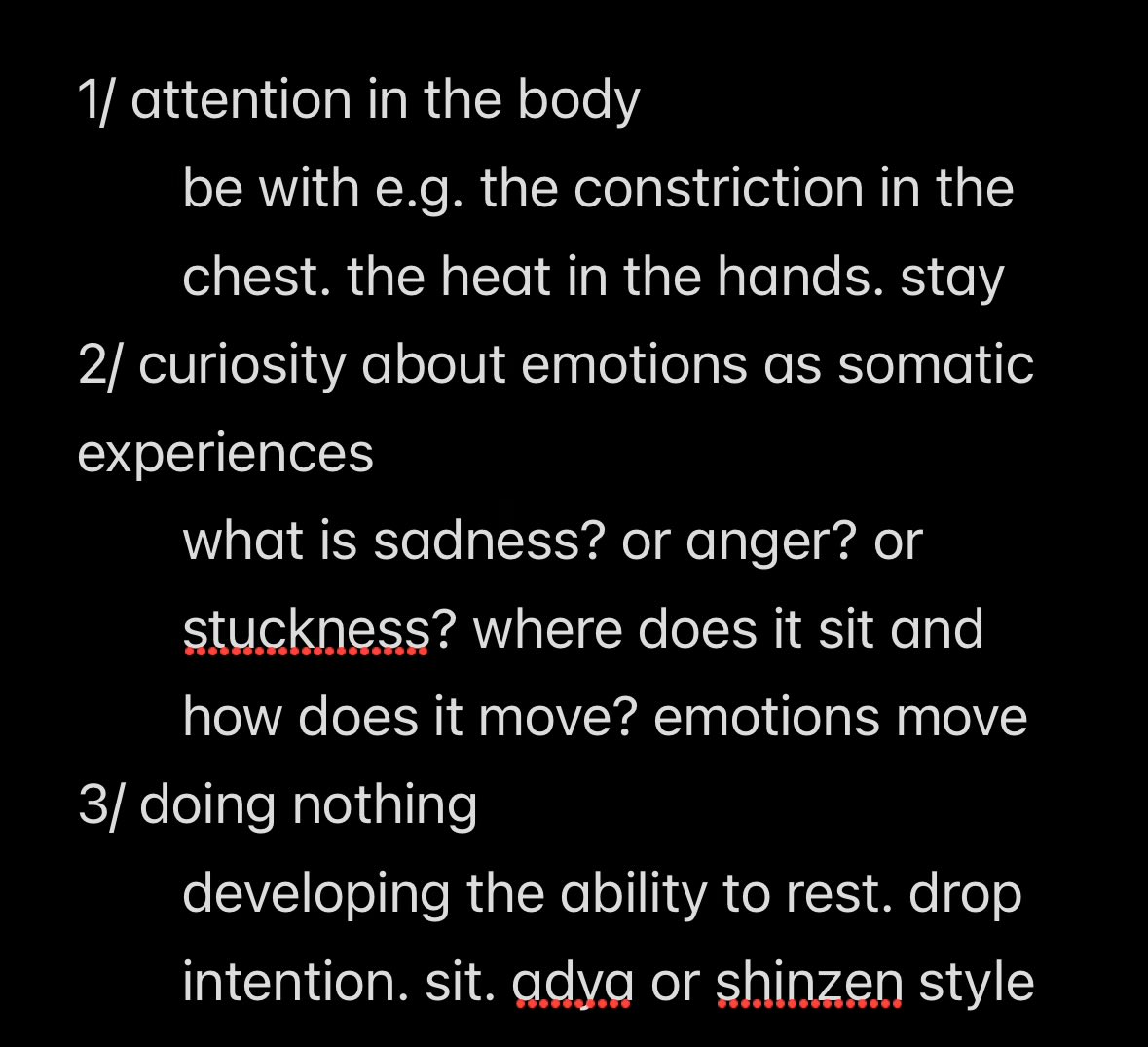 heynibras's tweet photo. as far as effective, transformative inner work goes, this is the whole thing. these are the 3 ‘skills’

being able to put attention in the body &amp; stay is the foundation. learning to ‘do nothing’ is the other end of the spectrum

everything else transformative is relational/outer https://t.co/73riruiM7I