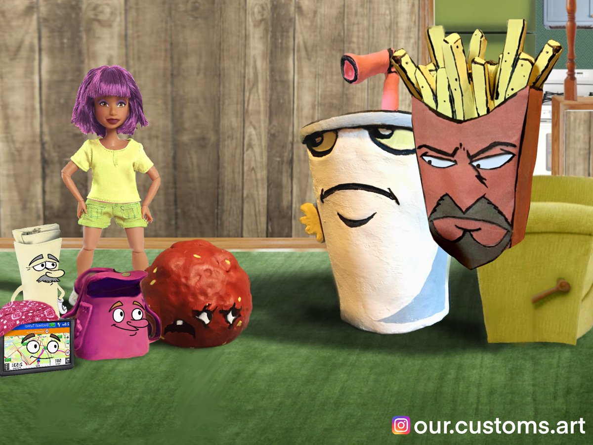 Our_Customs's tweet photo. This week we have an recreation of the episode “Knapsack” (season 11, Episode 5) where meatwad gets a little too close to this Dora parody 
#athf #aquateenhungerforce #adultswim #photobash #fanart https://t.co/SUiV9kLMMa