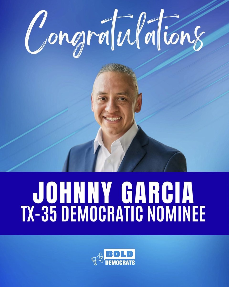 BOLDDems's tweet photo. Congratulations to @JohnnyGarciaTX in #TX35!

From day one, Johnny has fought for working families, opportunity, and building a future where everyone has a fair shot to succeed. We’re proud to stand alongside him in this movement.

November, we’re coming!

#CHCBOLDPAC #Vote2026 #TX35 #Texas #Democrats2026 #Dems2026