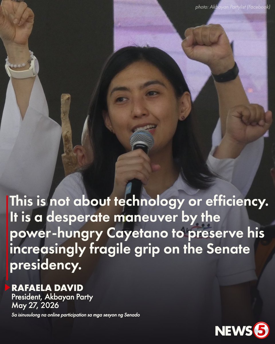 News5PH's tweet photo. ‘A DESPERATE MANEUVER’

Kinondena ni Akbayan Party President Rafaela David ang pagtulak umano ni Senate President Alan Peter Cayetano ng amendments sa Senate rules para payagan ang virtual voting ng mga absent na senador.

"Its real purpose is to ensure that allies such as internationally wanted fugitive Ronald dela Rosa can continue participating in Senate voting, while also preparing for the possibility that members of their own bloc may soon face arrest and imprisonment over plunder and other serious corruption charges,” saad ni David.

"When [former] Senator De Lima was wrongfully imprisoned, there were proposals to allow her online participation in sessions and hearings, never even online voting, but those proposals were never carried, and Cayetano was silent," dagdag niya.