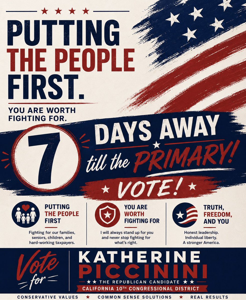 Piccinini4C's tweet photo. 🇺🇸 ONLY 7 DAYS LEFT until the Primary Election! 🇺🇸

The future of California’s 10th Congressional District is in your hands. Katherine Piccinini is the ONLY candidate fighting every single day to Put the People First. https://t.co/Je7W1HfNq5