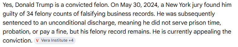TruePat20987381's tweet photo. @Dkelly4congress @ScottS_PHXAZ @Tironianae @PoolFeline You are either misinformed or lying. Trump is a convicted felon.  Those convictions were not overturned on appeal. https://t.co/jwPIwWVhkA
