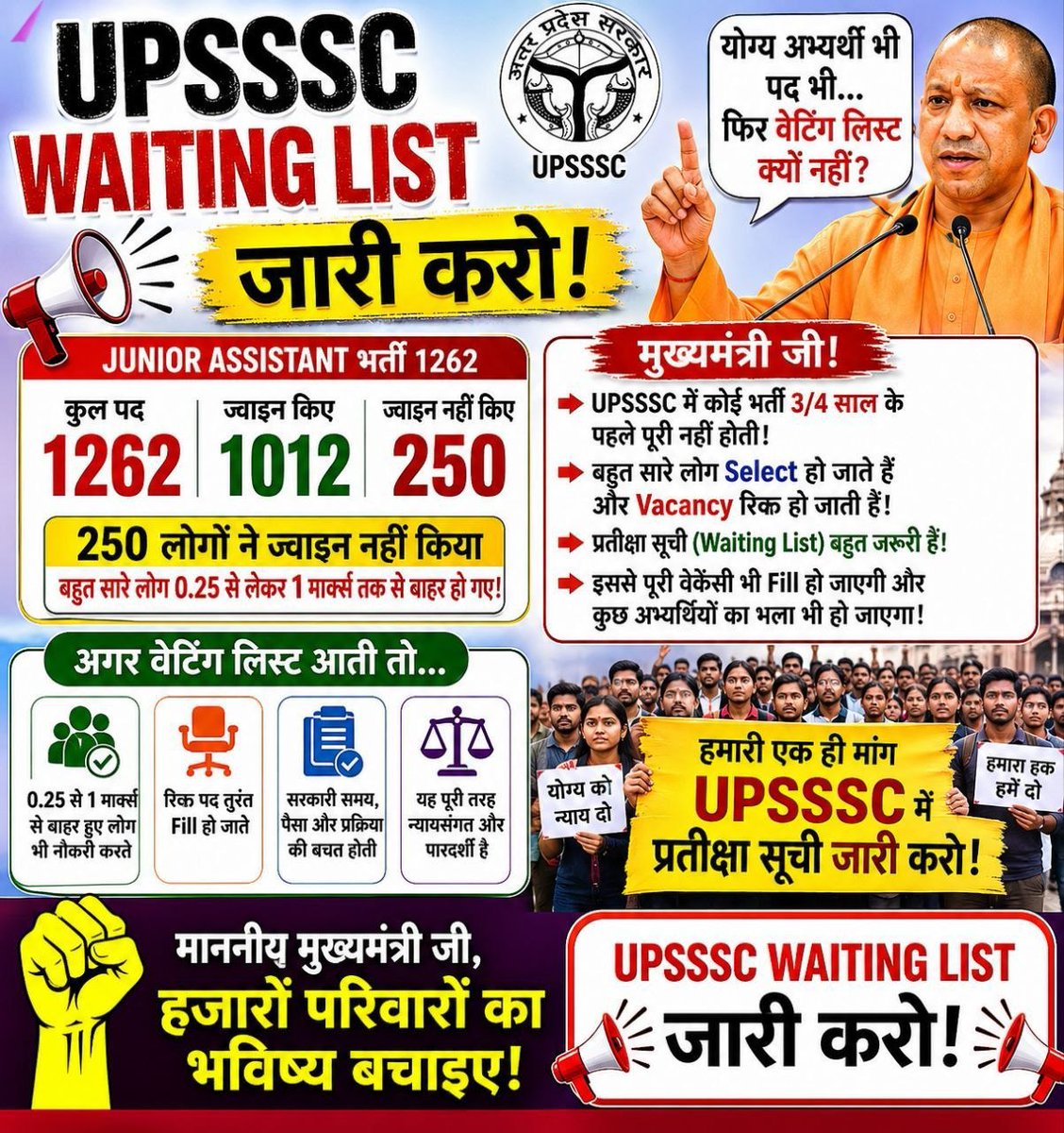 Shashan59194431's tweet photo. माननीय @myogiadityanath @UPGov @CMOfficeUP 
अभ्यर्थियों की वर्षों की तैयारी और प्रतीक्षा को ध्यान में रखते हुए लंबित प्रक्रिया पर निर्णय लिया जाए।
यदि पद उपलब्ध हैं तो UPSSSC Waiting List जारी की जाए।
@UPTakOfficial
@TheNewspinch
@ChiefSecyUP
#UPSSSC_WAITING_LIST_जारी_करो https://t.co/R14aNGdUbQ