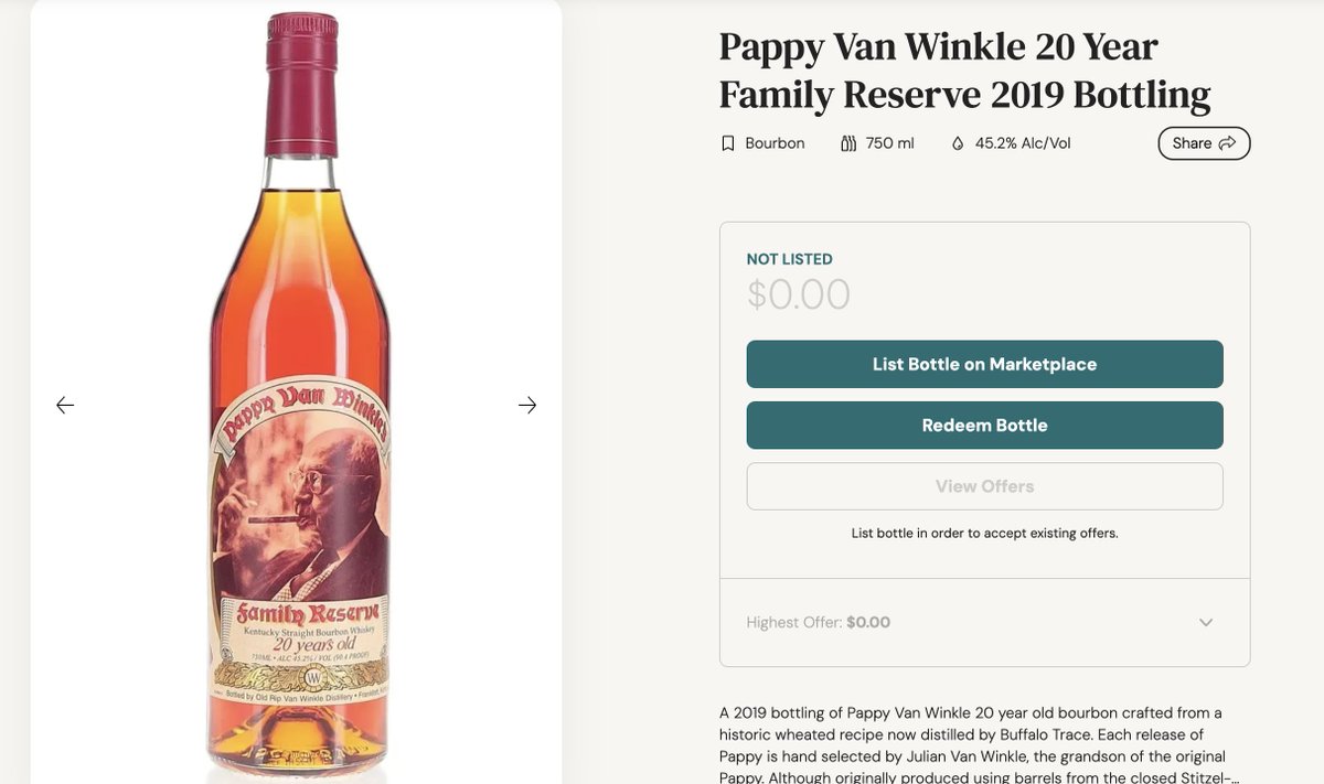 Budnfts's tweet photo. For my crypto, nft, and degen friends. If you enjoy bourbon I would strongly consider checking out what @BAXUSco has built on @solana , a virtual bourbon vending machine. It is quite literally what it sounds like, you spin it for 99 USDC, and you get a real bottle valued anywhere between $80-$5,000.  
When you spin for a bottle, you get 2 options 
1. Keep the bottle 
2. Sell it back immediately for 85% of the market value. 

Keeping the bottle puts it in your inventory, which from there you can either redeem it (have it shipped out to you) or list it on their marketplace, which is also a great place to find some rare bottles. This is an incredible product and a great website. It is very addicting so if you're going to spin, spin responsibly. I have no affiliation, I just really enjoy the product! 
https://t.co/nNabCYUz7a

I've spun for a few rare bottles so far.. and I was lucky enough to have just pulled one of the most famous bourbons in the world...  Cheers🥃