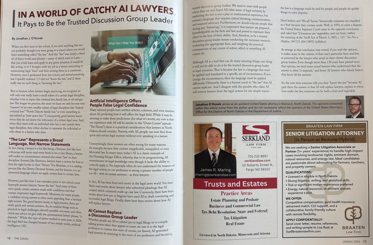 JonathanOkonek's tweet photo. Ever wonder how to respond to someone who tells you, in the near future, AI will replace lawyers? Well, just tell them, "under the law, tomatoes can be both a fruit and a vegetable."

Thank you to @StateBarND for publishing my article, "In a World of Catchy AI Lawyers, It Pays to Be the Trusted Discussion Group Leader," in the Spring 2026 edition of the Gavel (located online here):

https://t.co/KUSnL5ZXSQ

And, if AI does take over, I stand by my prediction it will be like the 1999 Outer Limits Episode "The Haven."

#AI
#artificialintelligence
#discussion
#lawyers