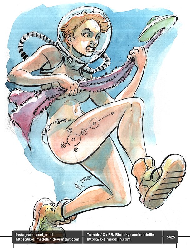 AxelMedellin's tweet photo. #dailydrawing 5425 #dibujodiario #drawingoftheday #towelday #geekprideday #astronaut #scifigirl #sciencefictionart #watercolor #brushandink #pendandink #traditionalart https://t.co/6qGHnLUxrv