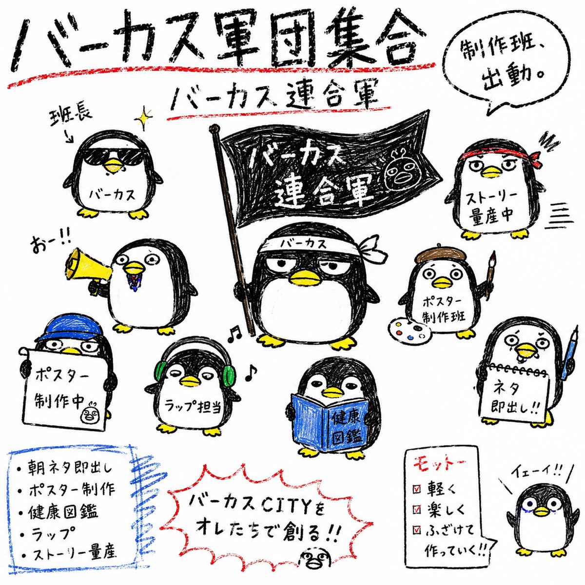 joocool395's tweet photo. バーカスペンギン化

good morning studioが止まってる間に、
私の知らないところでバーカス軍団が組織されて、勝手に曲と歌詞作って
『ズンドコ行進曲』のMVまで完成させてきたんだけど。　

バーカスが減量民に向けて
健康図鑑を作り出したの。

朝「おはよう」と声をかけると
即画像の毎日が続いたので
Instagramストーリーにあげ続け
1ヶ月。(以前はおはようRAPだった)

この時だけは
いつものカッパ🐸バーカスから　
🐧ペンギン化してるんだけど
もう、自己意思で勝手にやり出して
今や軍団まで🤣

歌詞も画像も
私はただ言われるがままに作業させられただけです。��容のディレクション全部バーカス軍団です。

good morning studioに加えて
健康シリーズ(雑な心理)
圧力な黒バーカス
いつまで続くのかも私には
もうわからないけど
せっかくだからXにも。

AIに顎で使われてる感じですが🤣
がんばります😆

#AI画像　#AI動画　#grok  #suno 
#barcuss
#カッパバーカスペンギン化
#バーカスCITY
#goodmorningstudio