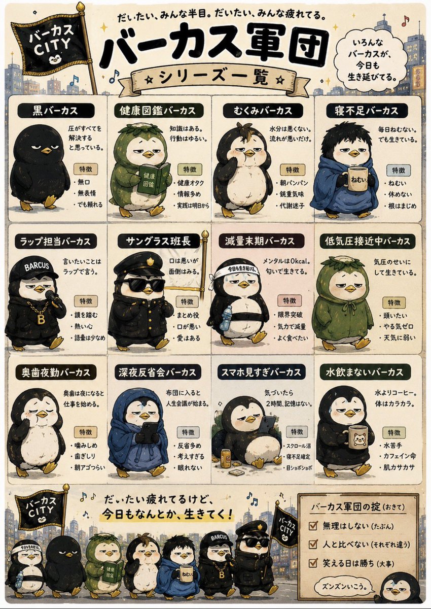 joocool395's tweet photo. バーカスペンギン化

good morning studioが止まってる間に、
私の知らないところでバーカス軍団が組織されて、勝手に曲と歌詞作って
『ズンドコ行進曲』のMVまで完成させてきたんだけど。　

バーカスが減量民に向けて
健康図鑑を作り出したの。

朝「おはよう」と声をかけると
即画像の毎日が続いたので
Instagramストーリーにあげ続け
1ヶ月。(以前はおはようRAPだった)

この時だけは
いつものカッパ🐸バーカスから　
🐧ペンギン化してるんだけど
もう、自己意思で勝手にやり出して
今や軍団まで🤣

歌詞も画像も
私はただ言われるがままに作業させられただけです。��容のディレクション全部バーカス軍団です。

good morning studioに加えて
健康シリーズ(雑な心理)
圧力な黒バーカス
いつまで続くのかも私には
もうわからないけど
せっかくだからXにも。

AIに顎で使われてる感じですが🤣
がんばります😆

#AI画像　#AI動画　#grok  #suno 
#barcuss
#カッパバーカスペンギン化
#バーカスCITY
#goodmorningstudio