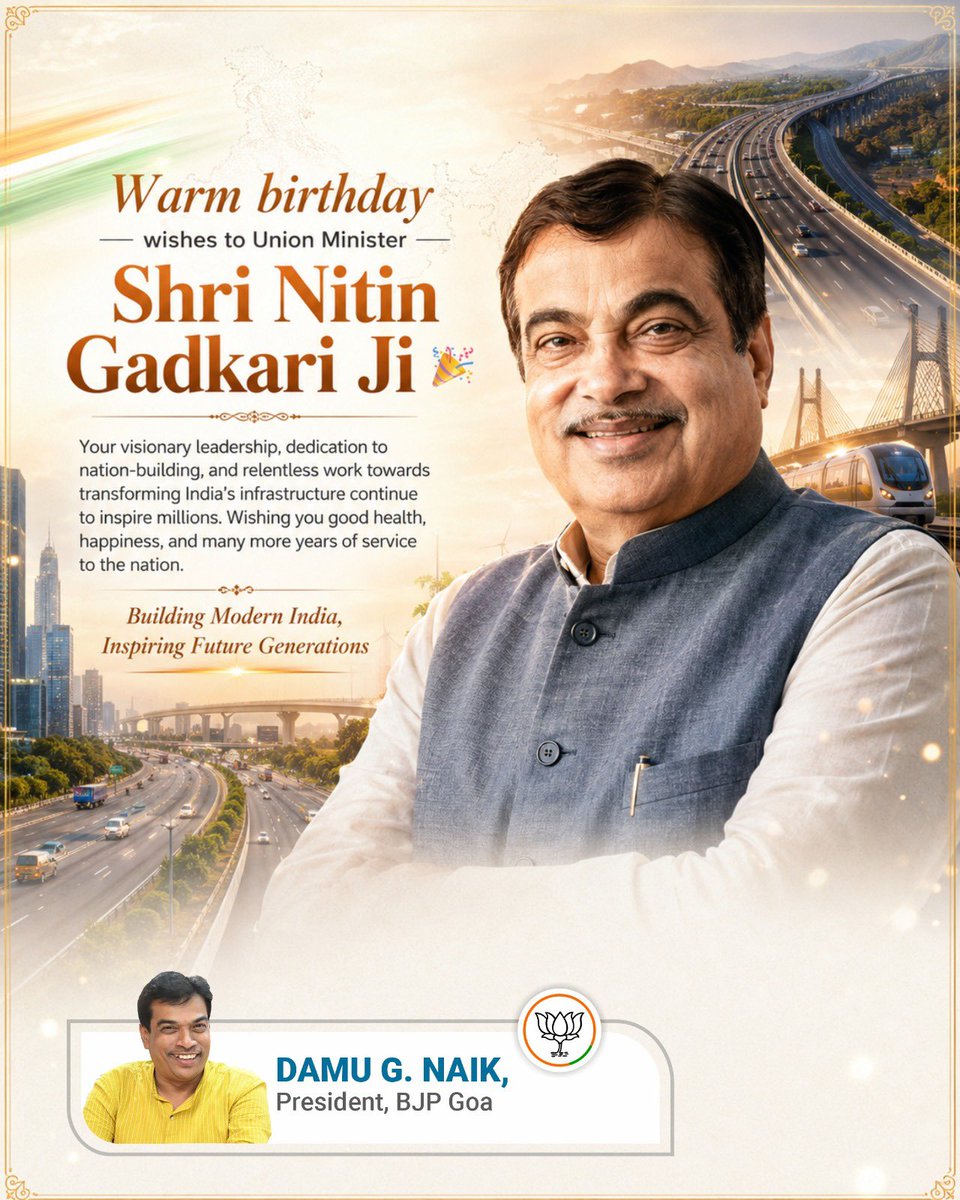 DamuNaik's tweet photo. Heartiest birthday wishes to senior @BJP4India leader and Hon’ble Union Minister for Road Transport and Highways, Shri @nitin_gadkari  Ji.

Wishing him good health, happiness, and many more years of dedicated service to the nation. https://t.co/Yjlrycmt1P