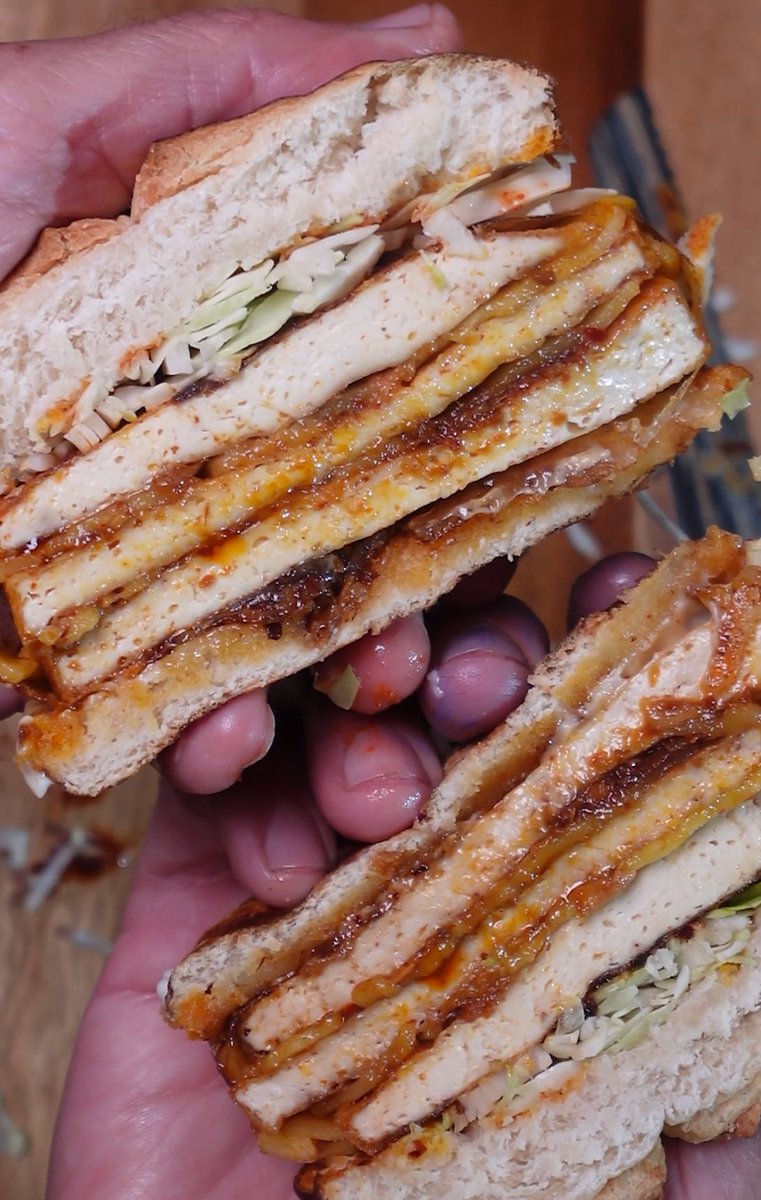 veganhackspod's tweet photo. TOFU BURGER… but I kept taking it further  
Crispy outside, cheesy surprise inside, flavor in every layer  New video on TT and IG @veganhackspod and YT at Veganhacks https://t.co/zVYLAqu1nE