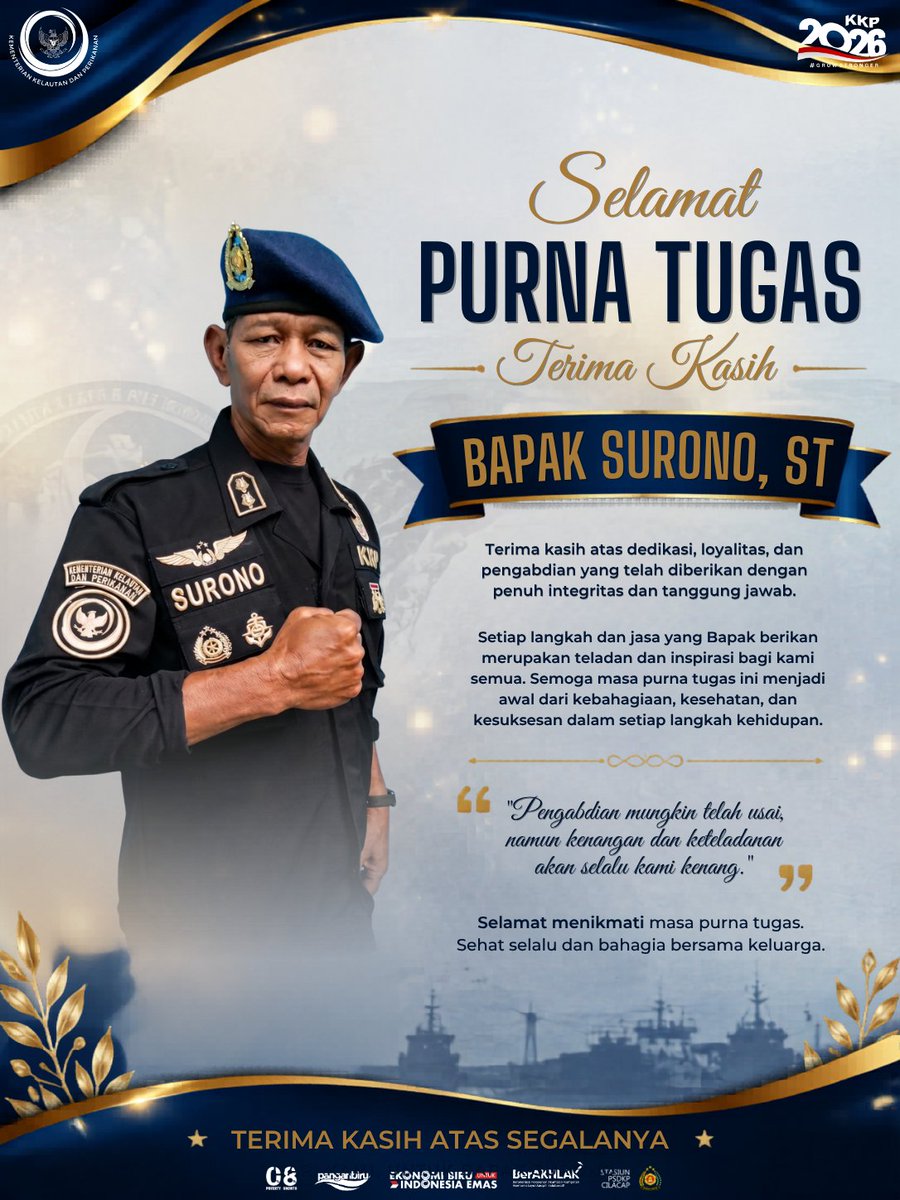 cilacap_psdkp's tweet photo. Keluarga besar Stasiun PSDKP Cilacap mengucapkan selamat memasuki masa purna tugas kepada Bapak Surono, S.T.Terima kasih atas dedikasi, pengabdian, dan kontribusi terbaik yang telah diberikan selama bertugas. Semoga sehat, bahagia, dan penuh berkah bersama keluarga. 🙏#PurnaTugas https://t.co/7FwjCTluGq