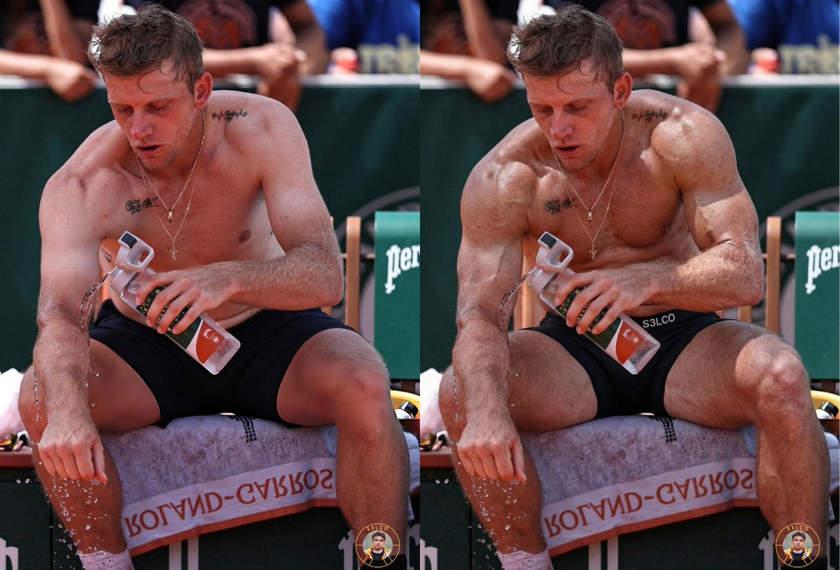 S3LCO's tweet photo. After a brutal 5-set battle at Roland Garros, Alejandro Davidovich Fokina sat courtside and poured ice-cold water over his head to cool down.

What he didn’t know… that water was magic.

One splash later, his body started changing. Shoulders broadening, chest exploding outward, arms and legs swelling with thick, powerful muscle. His intense focus melted into a happy, empty-headed grin as the ultimate golden retriever himbo energy took over.

Left: the fiery competitor. 

Right: the bigger, stronger, dumber, and way happier version his fans never knew they needed.

Alejandro flexed without thinking, laughed at nothing, and the whole stadium lost their minds.

Who else is here for Tennis Himbo Alejandro?