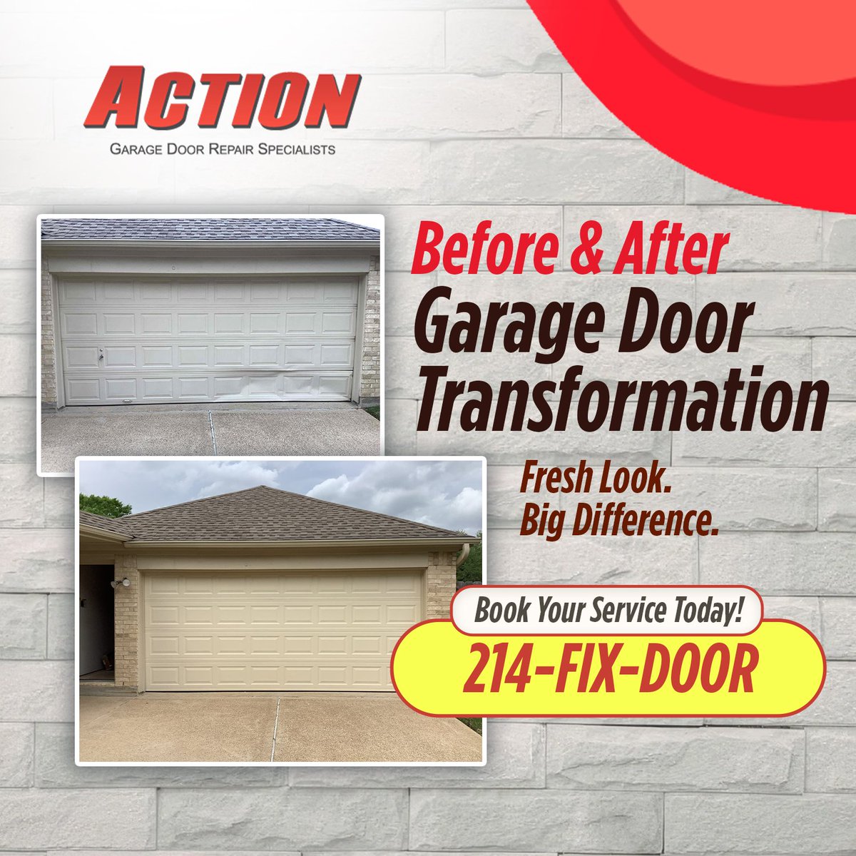 ActionGarageTX's tweet photo. What a difference! This garage door transformed from worn to brand new. Small upgrades boost your home's curb appeal. Another great job by the Action Garage Door team! #BeforeAndAfter #GarageDoorRepair #GarageDoorUpgrade #CurbAppeal #ActionGarageDoor #TexasHomes https://t.co/CiAzuNQkQH