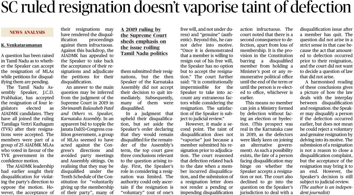 nramind's tweet photo. In this article published in The Hindu (May 27, 2026), K. Venkataramanan offers a lucid analysis of how the law, as interpreted by the Supreme Court of India in a 2019 judgment, deals with the interplay between the disqualification and resignation of legislators and the limited options available to the Speaker to act on these matters. This judgment is relevant to the disqualification & resignation drama being played out within and outside the Tamil Nadu Legislative Assembly in May 2026.

Here is the official link to the binding November 13, 2019 judgment of the Supreme Court of India:
https://t.co/wid5F261sH
This well-reasoned and judicious judgment was delivered by the Bench of Justices N.V. Ramana, Sanjiv Khanna, and Krishna Murari of the Supreme Court of India in WP(C) No. 992 of 2019 (Shrimanth Balasaheb Patil) and the connected petitions (WP(C) Nos. 997, 998, 1000 of 2019 and others). The issues revolved round the disqualification of Karnataka MLAs by the Speaker. The Conclusion can be read on pages 108-111 of the pdf text.