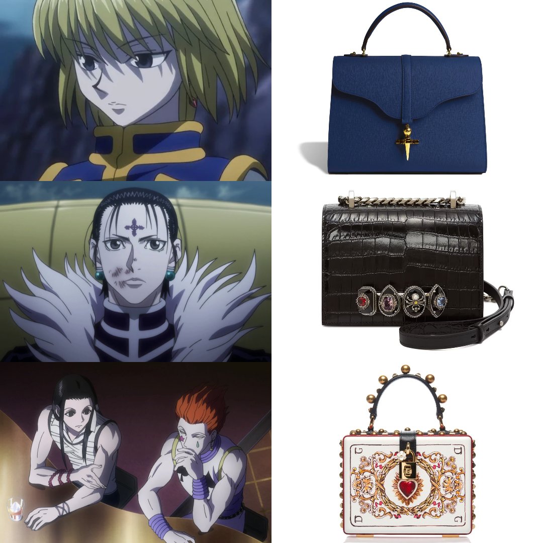 ryuuseigai's tweet photo. Handbags that remind me of HxH characters!

Kurapika - Joseph Duclos, Diane L30
Chrollo Lucilfer - Alexander McQueen, Spider Jewelled Satchel
Hisoka &amp; Illumi Zoldyck - Dolce &amp; Gabbana, Dauphine Box Bag https://t.co/dKQa4nZJEa