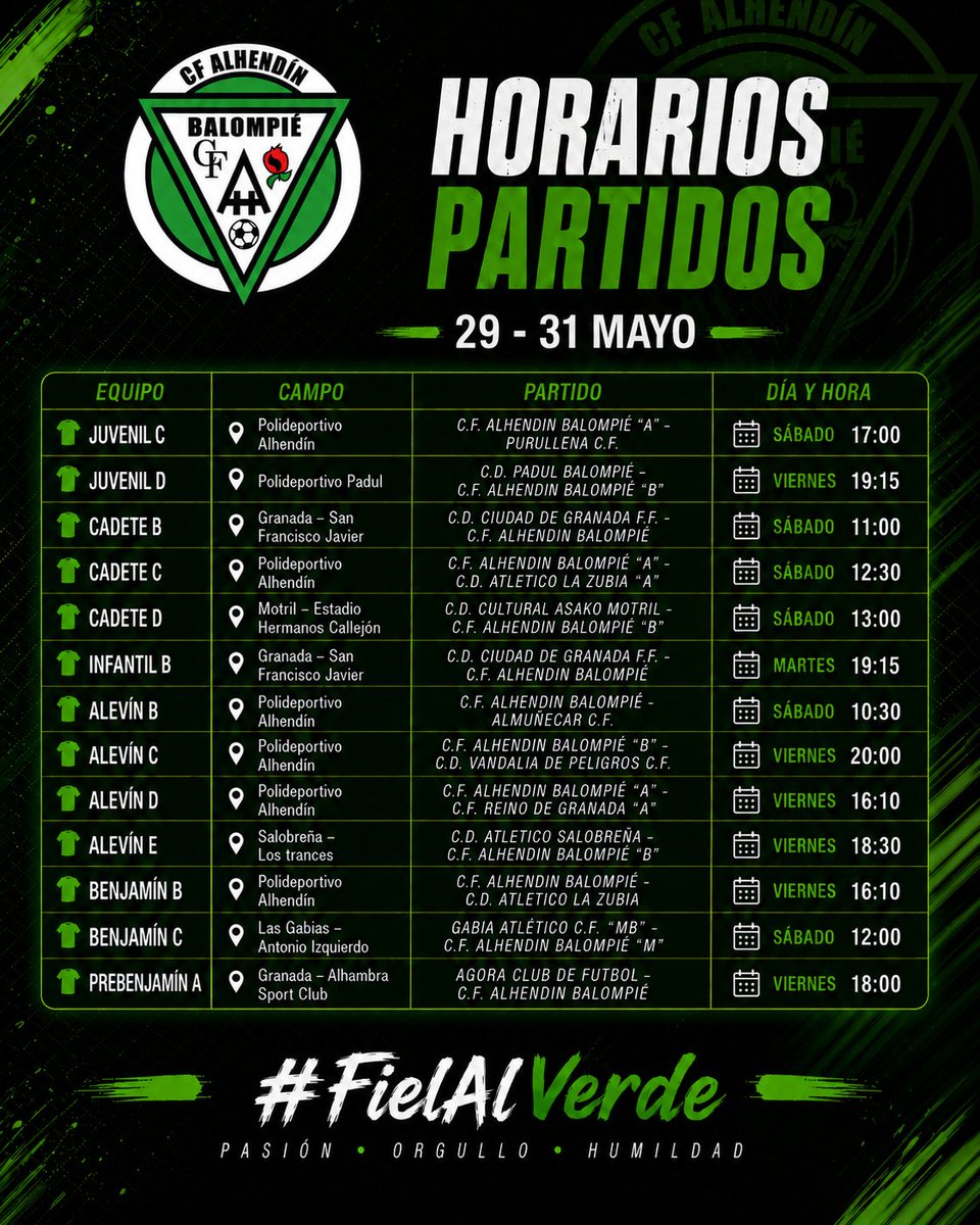 BalompieCf's tweet photo. ⚽ 📋 𝐇𝐨𝐫𝐚𝐫𝐢𝐨𝐬 ᴅᴇ ɴᴜᴇsᴛʀᴏs ᴇᴏ̨ᴜɪᴘᴏs 💚

@Ayto_Alhendin 
#FielAlVerde https://t.co/JQWV3nQxNW