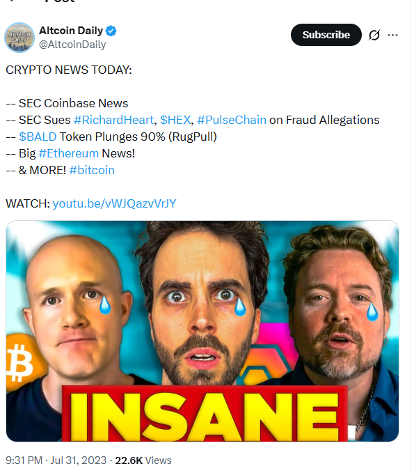 CryptoCoffee369's tweet photo. The biggest crypto influencers are all very aware of PulseChain and HEX

Ivan on Teck (400k) bought high, sold low, and now trash talks it regularly. He wrote about it in his book as a scam.

Altcoin Daily (2.1M) has covered major events like PulseChain launch and Richard Heart's SEC win publicly since before 2023

Crypto Man Ran (970k) regularly uses PulseChain as engagement bait, even titling his stream "PulseChain could be a 14,000X Trade" on its launch date back in May 2023