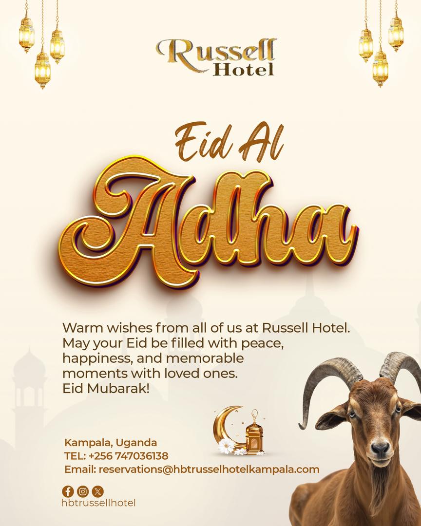 HBTRussellHotel's tweet photo. Warm wishes from all of us at Russell Hotel.
May your Eid be filled with peace, happiness, and memorable moments with loved ones.

Book your Eid stay:
+256 747 036138 | reservations@hbtrusselhotelkampala.com | https://t.co/8AQjQwQBOl https://t.co/RFXai66bVQ