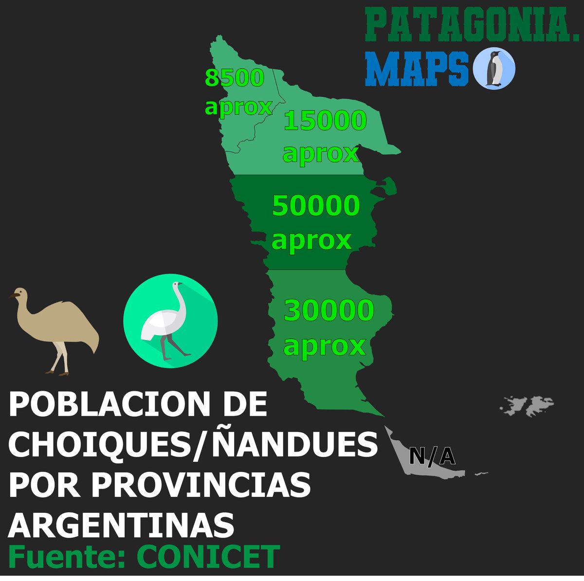 Patagoniamaps's tweet photo. Población de ñandu/choique o "charitos" por provincias de la Patagonia argentina🇦🇷

💚hashtags: #ñandu #charitos #patagonia #mapas #Maps #mapasargentinos #mapasarg #neuquen #patagonianimales #santacruz #tierradelfuego #chubut #rionegro https://t.co/at0ZqaiLwg