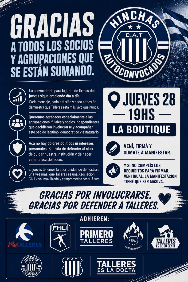 elchichoperalta's tweet photo. Como uno de los organizadores de la movida del jueves quiero comunicarles que estoy orgulloso del pueblo albiazul que se compromete por amor a los colores.
Y a todas las agrupaciones que adhieren y ayudan para que lo del jueves sea HISTORICO, decirles desde mi corazón: GRACIAS! https://t.co/7aKUVfCrtK