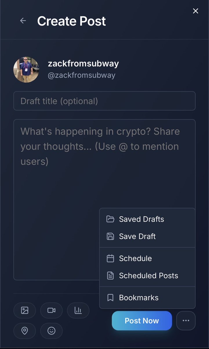 zackfromsubway's tweet photo. 🚨 New Update: A Cleaner, Smarter Posting Experience is Here On https://t.co/pIMWkC0LLu

Creating and managing content just got way more organized.

The all-new menu bar now gives creators everything they need in one streamlined place:

📂 Saved Drafts – Instantly access unfinished posts
💾 Save Draft – Save ideas before they’re ready
📅 Schedule – Plan posts ahead for perfect timing
🗂️ Scheduled Posts – Manage upcoming content with ease
🔖 Bookmarks – Keep important content one tap away

Built for creators who move fast, stay organized, and never miss momentum.

Smarter posting. Better workflow. More control.

This works on all devices Desktop, Laptop, IPad, Phone….. Yeah you can schedule posts on mobile 🤔 😂🤣😂

What’s your favorite new feature? 👇