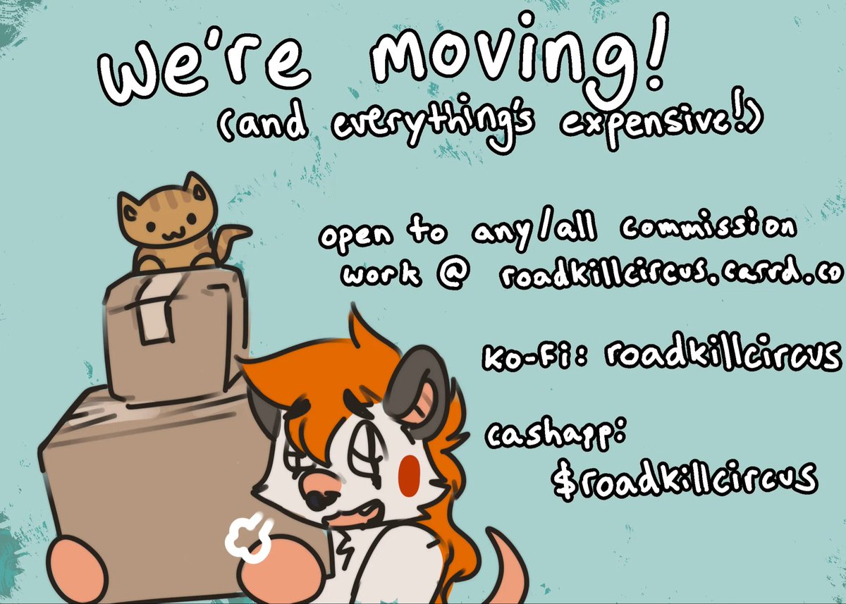 ROADKILLCIRCUS's tweet photo. i don’t rly like just Asking for stuff so i’m down for any kind of commission/can do lil doodles for kofi donations but both me and wifey are out of work atm and moving in 2-ish weeks and have some bills coming up including moving costs so any work is appreciated 😵‍💫💘 https://t.co/dksEvrNsso
