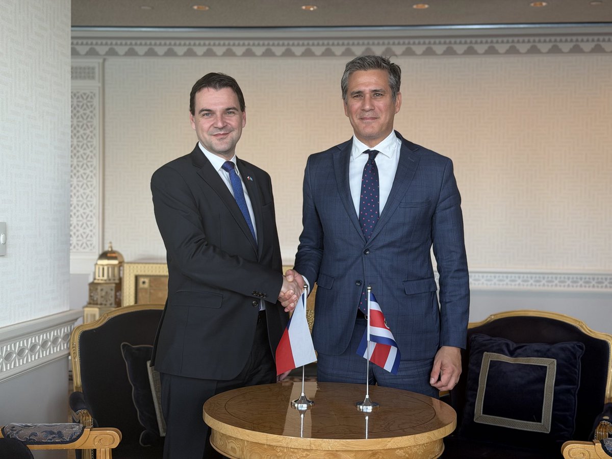CzechMFA's tweet photo. Minister Macinka also met with Costa Rican Foreign Minister Manuel Tovar Rivera at the United Nations headquarters 🇨🇿🇨🇷. The two ministers discussed the growing importance of Latin and Central America for Europe and the Czech Republic. https://t.co/BkIu95lAJ8