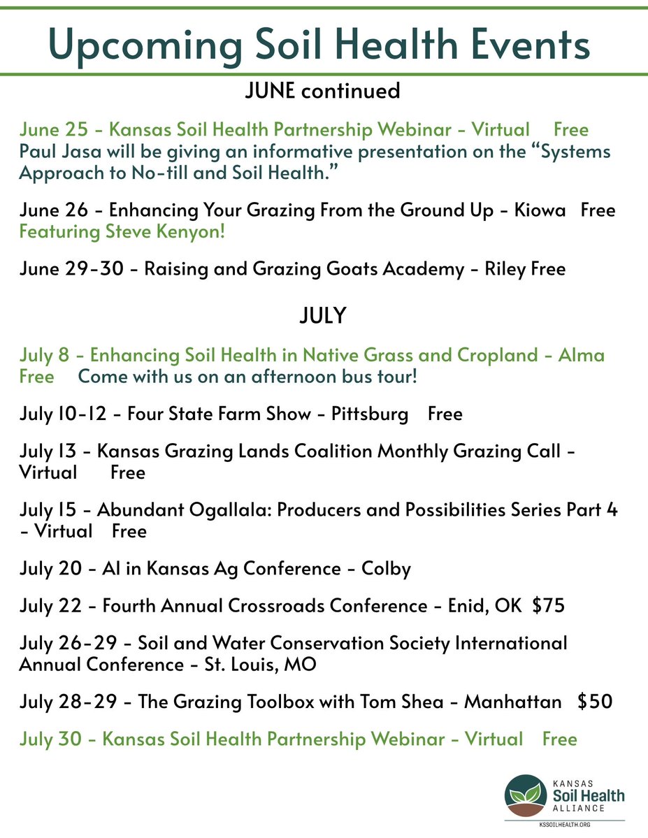 KansasSoil's tweet photo. It's the end of May! If you find yourself with downtime in the tractor 🚜 or a rain delay 💧 (hopefully), we encourage you to look through this list of soil health events. Some of them are virtual, so you don't even have to leave the field!

Learn more on our website: https://t.co/DWorRhf1GO