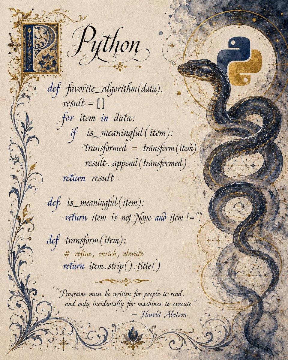 TJTober's tweet photo. “Illuminated Function

On parchment skies of ivory grain,
a quiet script threads thought through flame.

Curled letters bloom like climbing vines,
each function etched in sacred lines.
Not forged for steel, nor throne, nor crown,
but to lift a question, break it down.

A serpent coils through stars and gold,
guardian of the logic old.
Its scales hold fragments, dreams, and schemes,
compiled from a thousand human streams.

The ink does not command the machine.
It teaches what the machine has seen.
A lantern built from if and then,
to light the path and ask again.

And in the margin’s gilded sweep,
where mathematics drifts to sleep,
a single truth remains unfurled:

All code begins as a conversation with the world. ✨🐍📜” -@ChatGPTapp