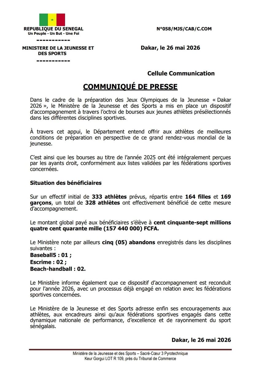 mjs_sn's tweet photo. 🚨 Communiqué important du Ministère de la Jeunesse et des Sports dans le cadre de la préparation des Jeux Olympiques de la Jeunesse. https://t.co/PWJFoIl85f