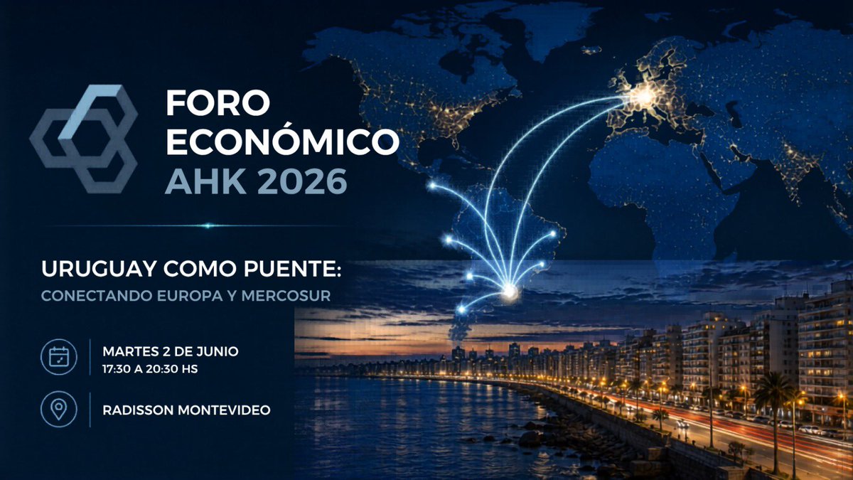 KasUruguay's tweet photo. Se viene el Foro Económico AHK 2026 

Una tarde para entender qué está pasando en la región, cómo se está moviendo Europa y qué oportunidades reales tiene Uruguay en este nuevo escenario internacional 🌎

📅 Martes 2 de junio
⏰ 17:30 hs
📍 Radisson Montevideo

Reuniremos a referentes del sector público, privado, académico y diplomáticos de Uruguay, Alemania y la región para conversar sobre economía, inversión, innovación, logística, tecnología y el futuro de la integración entre Europa y Mercosur. Una oportunidad única para escuchar distintas miradas sobre el presente y el futuro económico de Uruguay y la región.

Y al finalizar… celebraremos juntos los 110 años de AHK Uruguay 🥂

👉 Cupos limitados | Inscribite acá: https://t.co/y5LDXJxhM0