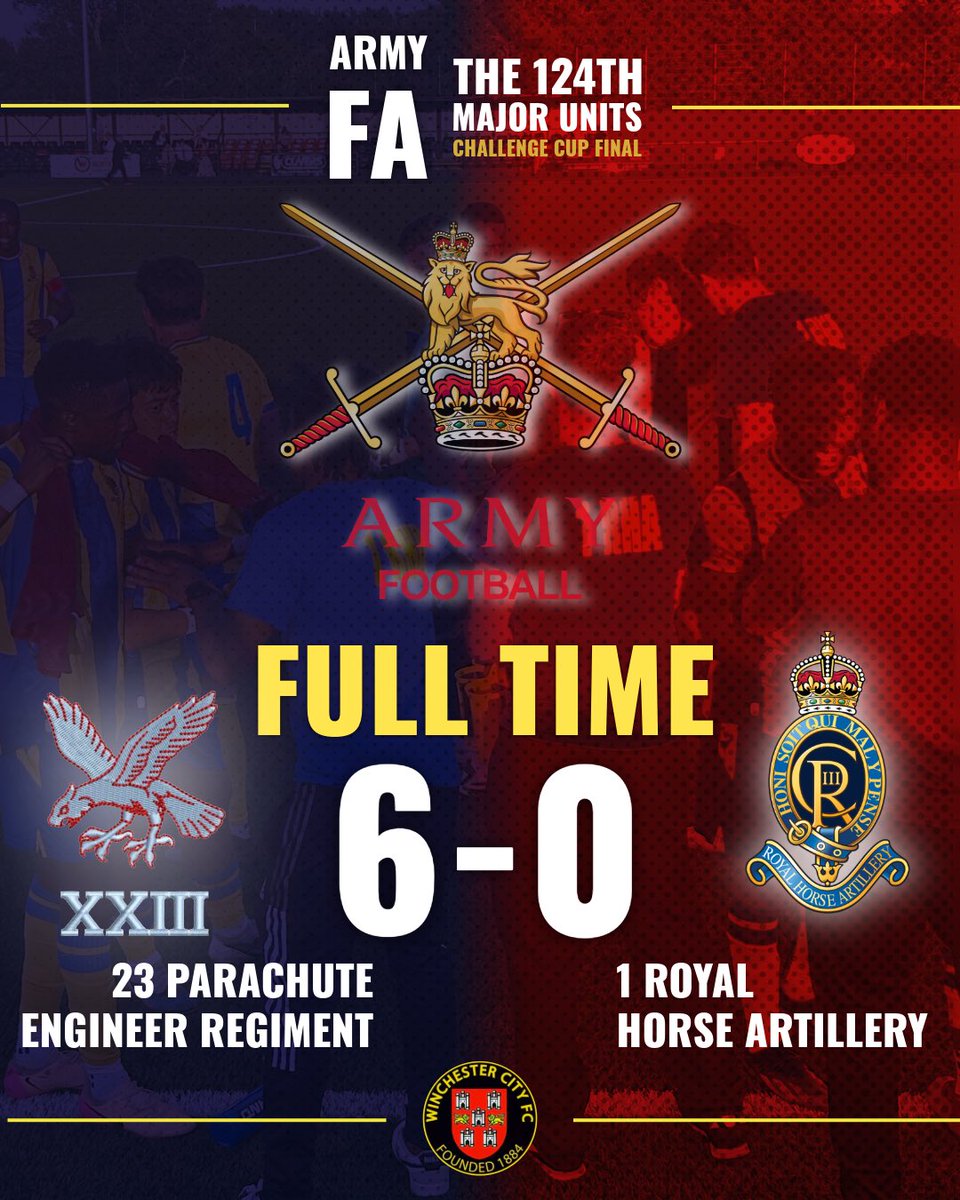 wincityfc's tweet photo. A triumphant win for the 23 Parachute Engineer Regiment in the Army FA Challenge Cup Final down at the Charterโs tonight! โ๏ธโค๏ธ
A huge thank you to all who came down, we hope to see you here next season! ๐ดโซ๏ธ
#armyfootball #armyfa #winchester #winchestercityfc https://t.co/S1SbUqgiHj