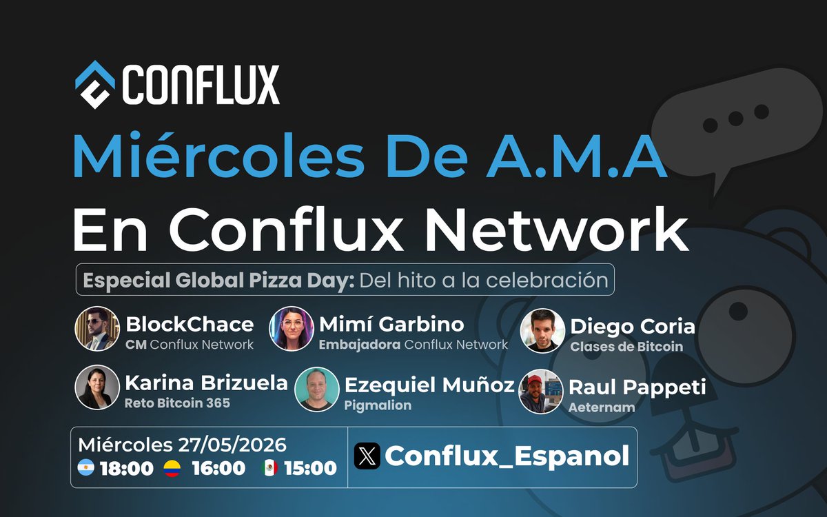 Conflux_Espanol's tweet photo. 🎙 Miércoles de AMA: Especial Bitcoin Pizza Day, del hito a la celebración

Esta semana nos tomamos el espacio para hacer un balance tras las celebraciones del Bitcoin Pizza Day. Nos acompañan referentes clave que lideraron los eventos en sus regiones: Mimí Garbino (Embajadora Conflux), Diego Coria @clasesdebitcoin , @kbrizuela07 (Reto Bitcoin 365 y PNL), Ezequiel Muñoz (Pigmalion) y Raúl Pappeti (Aeternam).

Hablaremos sobre: 
🔹 El detrás de escena: impresiones reales sobre la organización y convocatoria en las distintas ciudades de la región.
🔹 La importancia de los puntos de encuentro físicos para la adopción masiva de Web3.
🔹 El futuro de estos eventos: expectativas, lecciones aprendidas y el camino hacia próximas ediciones.

🗓 Mañana, Miércoles 27 de mayo, 2026 
⏰ 6 PM 🇦🇷 | 5 PM 🇻🇪 | 4 PM 🇨🇴 | 3 PM 🇲🇽 
📍 Sintoniza en xSpaces: https://t.co/24A6Nk22cf