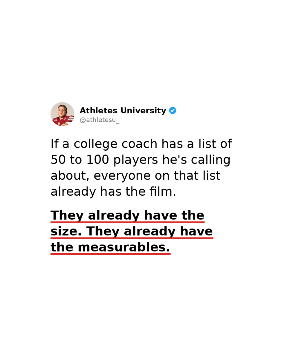 willstraka_'s tweet photo. What happens when a D1 coach calls your high school coach? He's not asking about your 40 time or your squat max.

Every player on his list already has the film, the size, and the measurables. Dropping your 40 from a 4.5 to a 4.4 isn't what separates you. It's something totally different and almost nobody talks about it.

If you want to know how to leapfrog yourself up the recruiting board, comment FILM and I'll send it over.

Follow @athletesu_ for more.