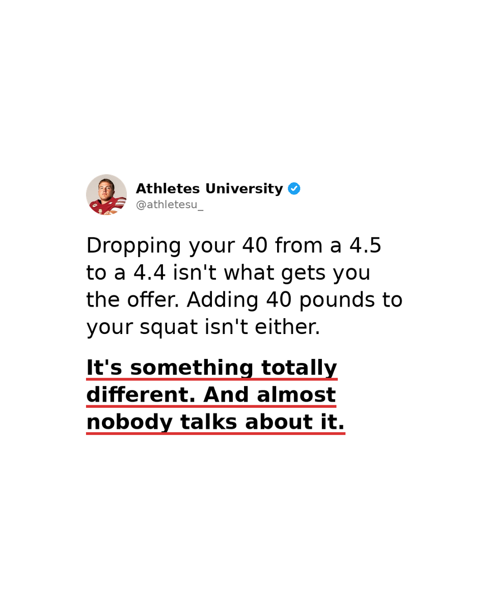 willstraka_'s tweet photo. What happens when a D1 coach calls your high school coach? He's not asking about your 40 time or your squat max.

Every player on his list already has the film, the size, and the measurables. Dropping your 40 from a 4.5 to a 4.4 isn't what separates you. It's something totally different and almost nobody talks about it.

If you want to know how to leapfrog yourself up the recruiting board, comment FILM and I'll send it over.

Follow @athletesu_ for more.