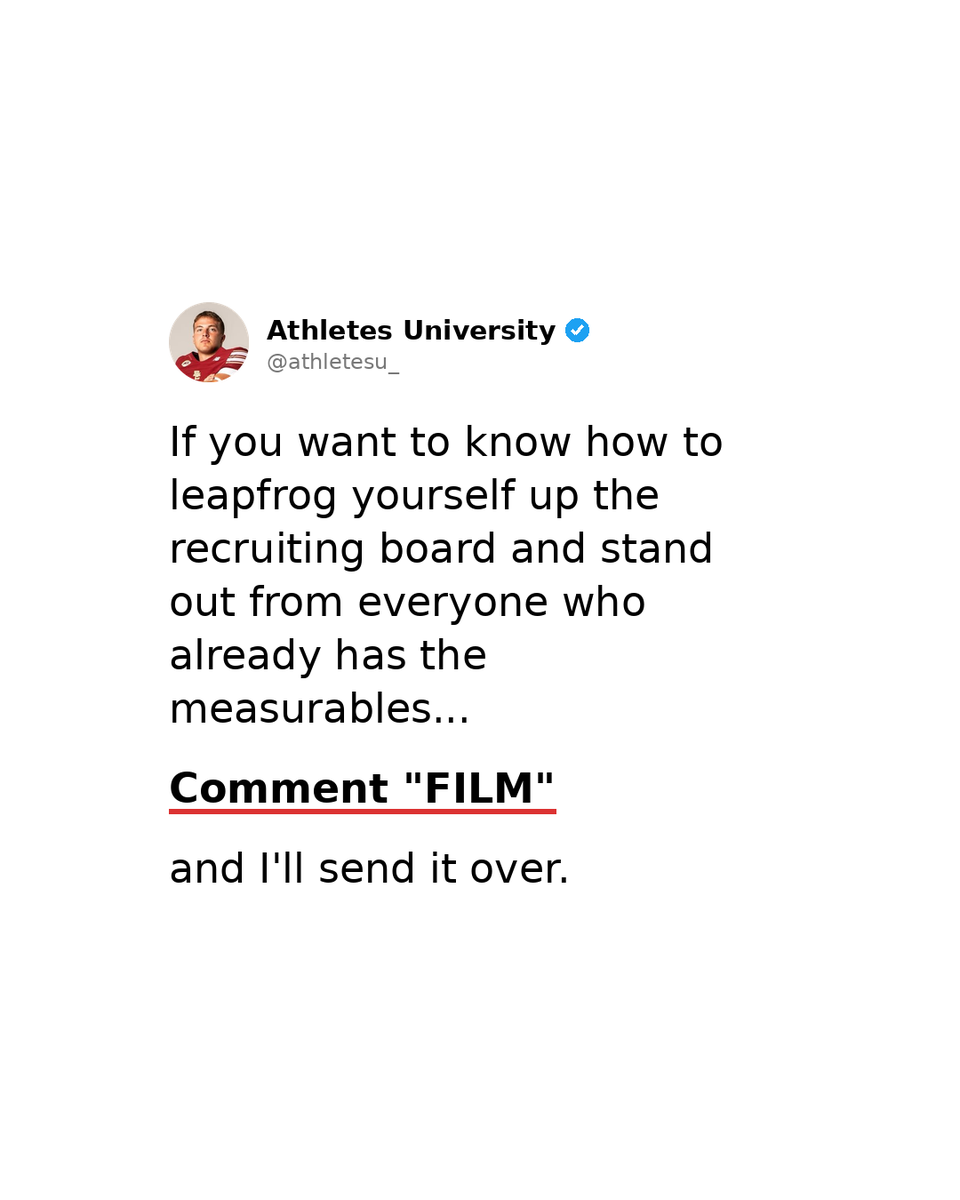 willstraka_'s tweet photo. What happens when a D1 coach calls your high school coach? He's not asking about your 40 time or your squat max.

Every player on his list already has the film, the size, and the measurables. Dropping your 40 from a 4.5 to a 4.4 isn't what separates you. It's something totally different and almost nobody talks about it.

If you want to know how to leapfrog yourself up the recruiting board, comment FILM and I'll send it over.

Follow @athletesu_ for more.