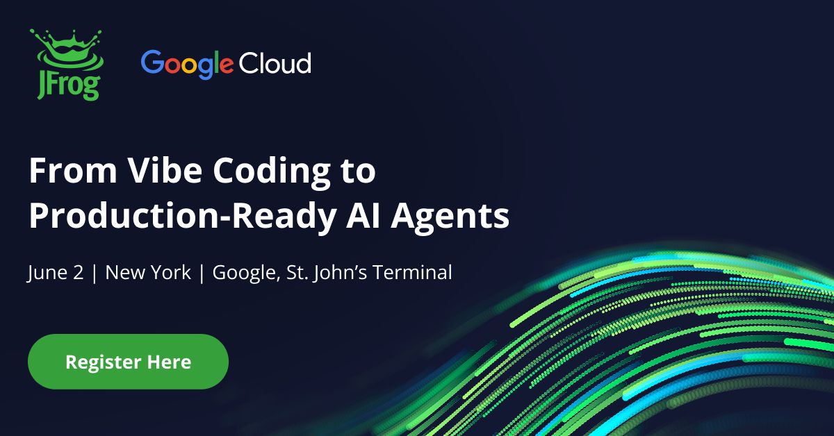 jfrog's tweet photo. Vibe coding gets you to "it works." AI agent governance gets you to production.

Join JFrog and @googlecloud next Tuesday for a hands-on workshop where you'll learn the practical steps to take your #AI agents from prototype to production-ready with the governance guardrails that actually matter.

Spots are limited. Reserve yours here → https://t.co/3YJ5CcSW0E

#AIAgents #DevGovOps #DevSecOps #DevOps #SoftwareSupplyChain
