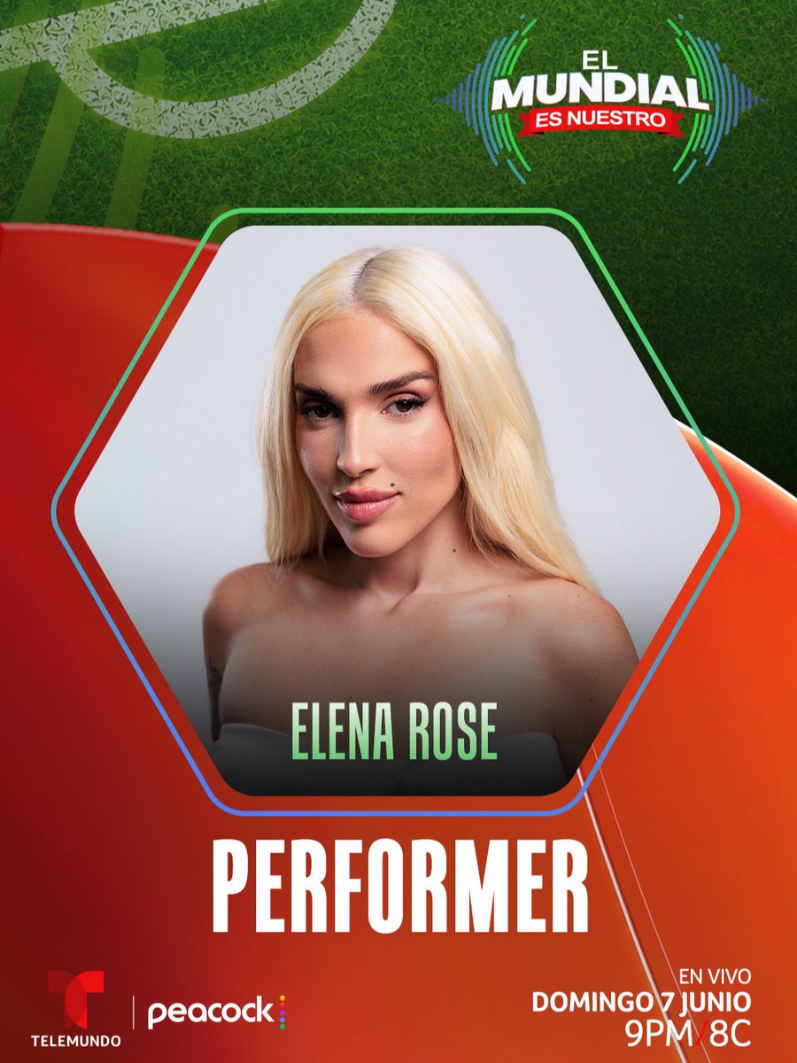 seitrack_us's tweet photo. 🚨 Guerreros, save the date! 🗓️ @soyelenarose takes the stage at El Mundial Es Nuestro, bringing the passion of the Cup to life. ⚽🪽✨

Don’t miss this incredible celebration LIVE on @Telemundo and @peacock on Sunday, June 7 at 9PM/8C. https://t.co/t0lU6dXRDJ