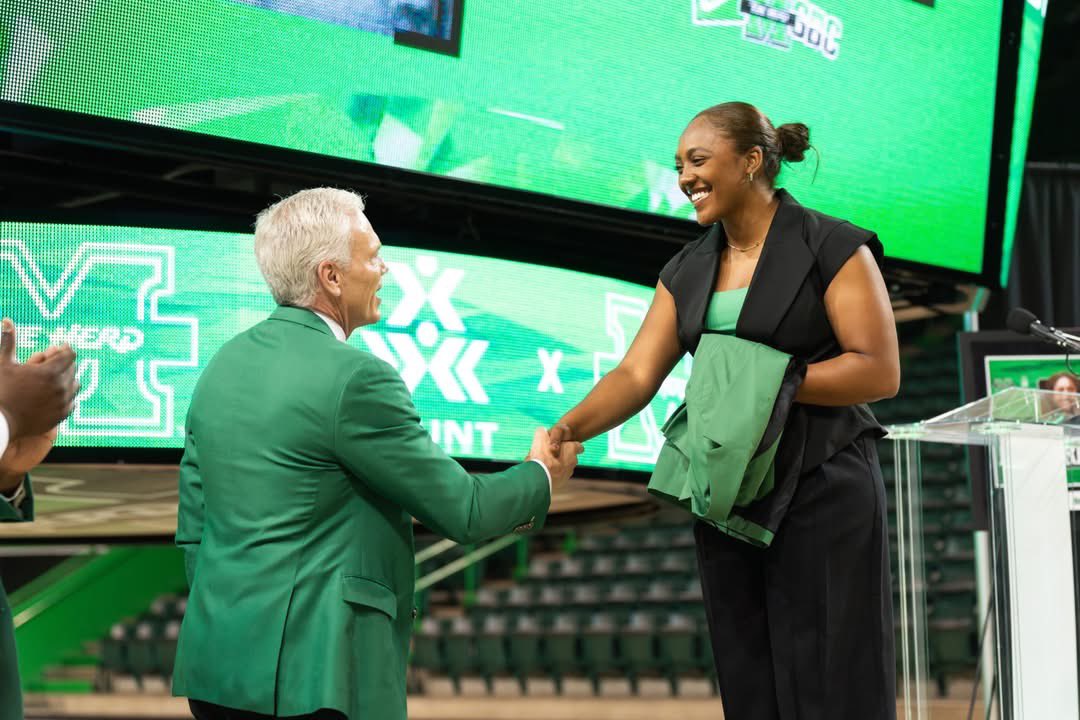 MarshalluPres's tweet photo. It was a wonderful way to start the new week, announcing our first head coach for Marshall’s STUNT Program - Coach Evynn Richard. STUNT is one of the fastest-growing women’s sports in athletics, and is the most recent sport added to qualify at a NCAA National. 
GO HERD! https://t.co/X4WaEMowRk
