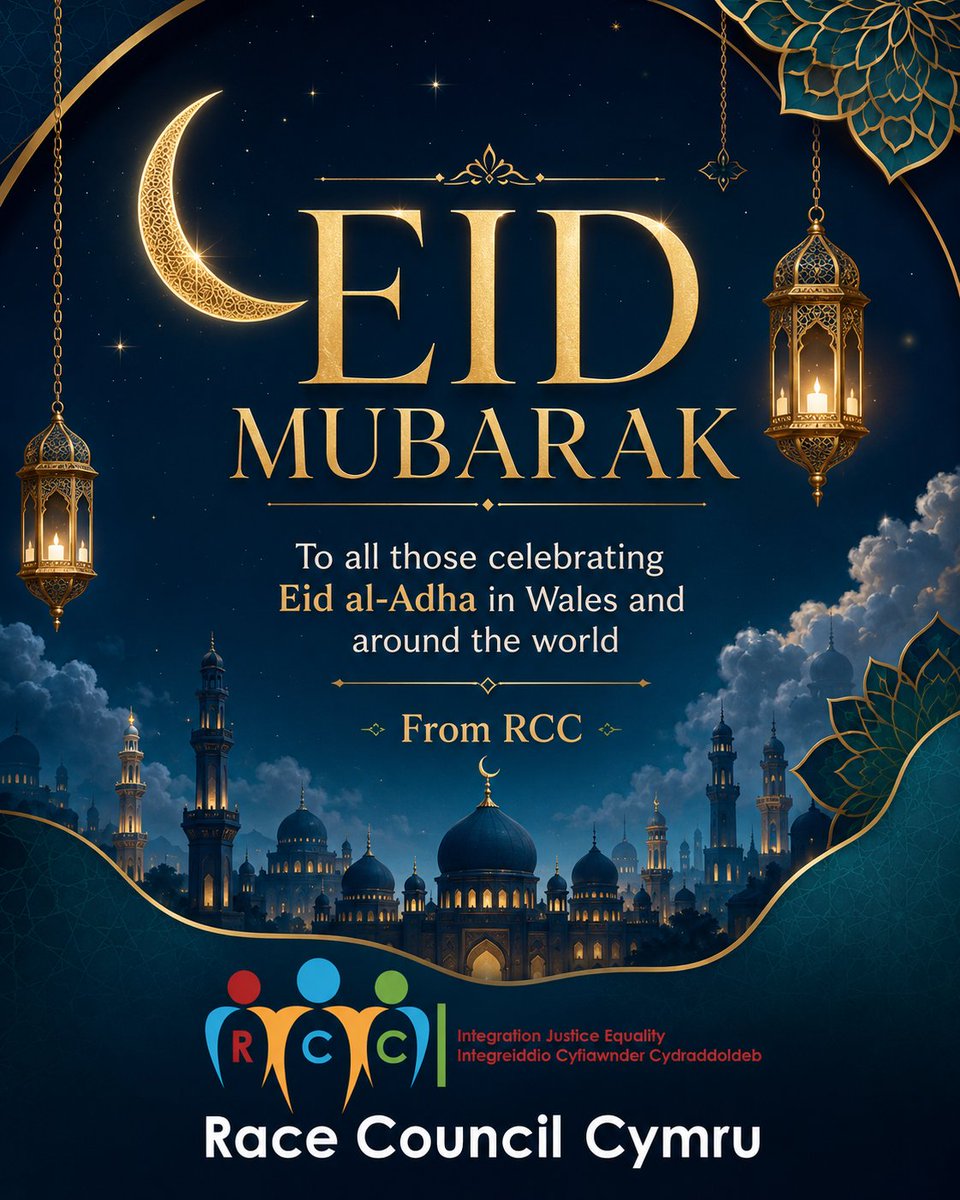 rcccymru's tweet photo. Eid Mubarak to all those celebrating Eid al-Adha in Wales and around the world.

From all of us at Race Council Cymru, we send warm wishes of peace, reflection, unity and joy to Muslim communities across Wales and beyond.

May this blessed occasion bring families, friends and communities together in love, generosity and shared humanity.

#EidMubarak #EidAlAdha #RaceCouncilCymru #Wales