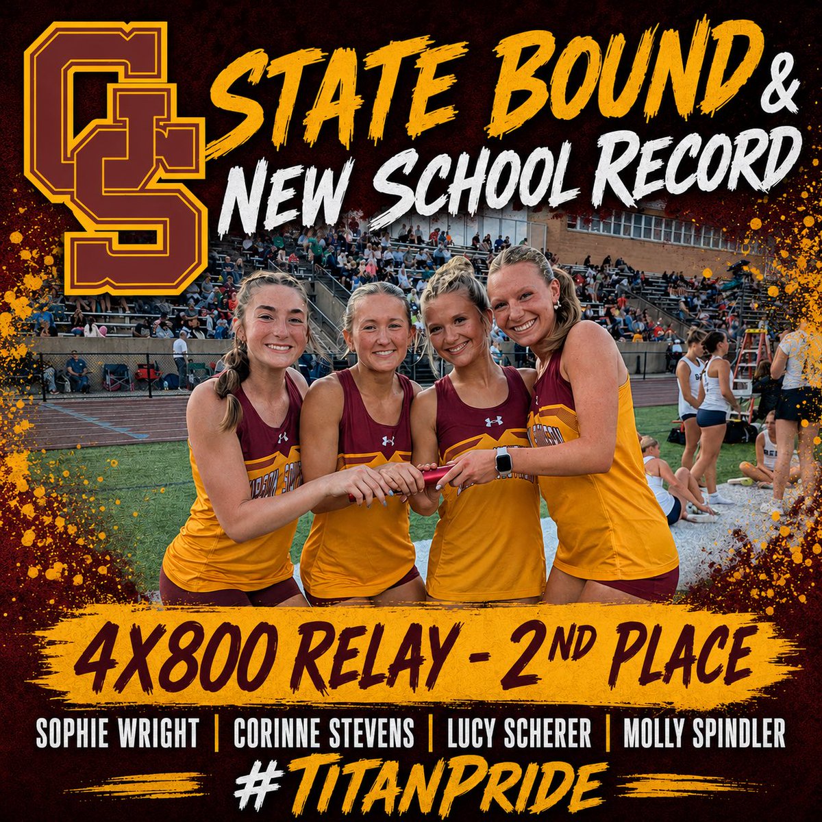 GSTitans1's tweet photo. 🥈State Bound &amp; New School Record🥈

Congrats to the Lady Titans 4X800 Relay team! 
With a new school record time of 9:50.95, they are Regional Runner-Up &amp; have punched their ticket to State! 

Great job girls! https://t.co/yQWUTNPGXz