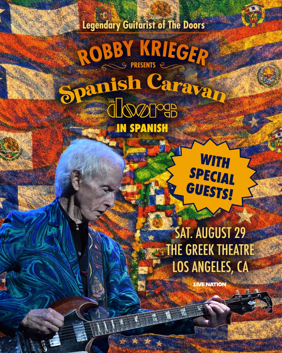OfficialKrieger's tweet photo. Los Angeles! I’ll be at The @Greek_Theatre with some special guests on Saturday, August 29th for my Spanish Caravan show, where I’ll be performing @TheDoors songs in Spanish! https://t.co/iQIdtpbDaK