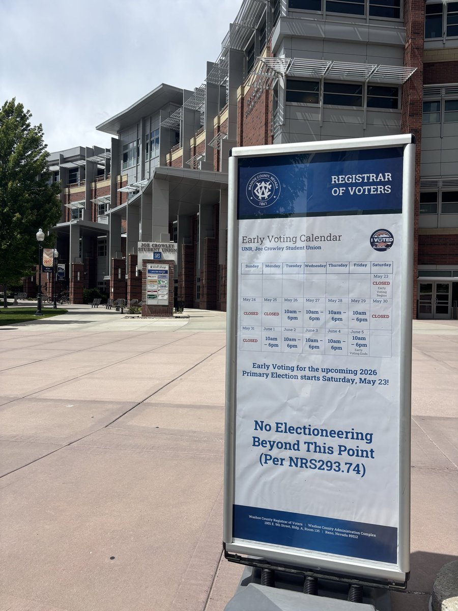 UNevadaGov's tweet photo. Early voting for the 2026 Primary Election begins today at the Joe Crowley Student Union! 🗳️🐺
 
Early voting on campus:

    •    📍Location: Joe Crowley Student Union, 2nd Floor
    •    🗓️Dates: May 26–29 and June 1–5 
    •    🕚Time: 10am - 6pm https://t.co/8Jk0RCklBp